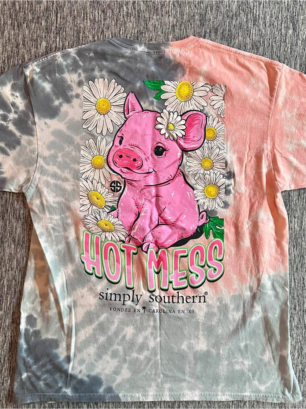 Simply Southern Pink & Gray Tie-Dye "Hot Mess" Pig Tee